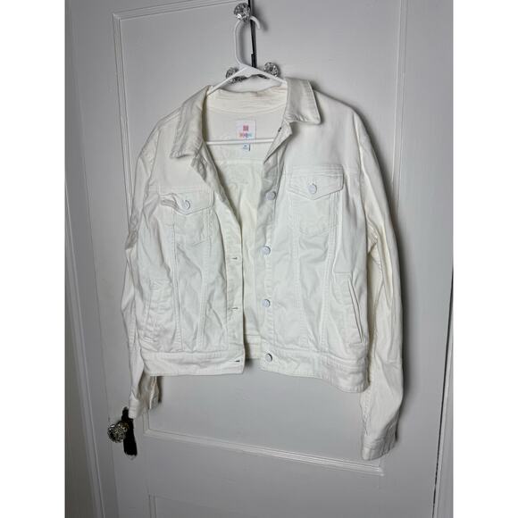 Lularoe White Denim Jean Jacket Unicorn Patch Boxy Stretch Women's XL - Picture 3 of 6